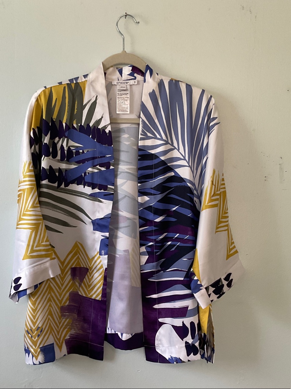 Chico's White Navy Yellow Purple Palm-Print Kimono Jacket